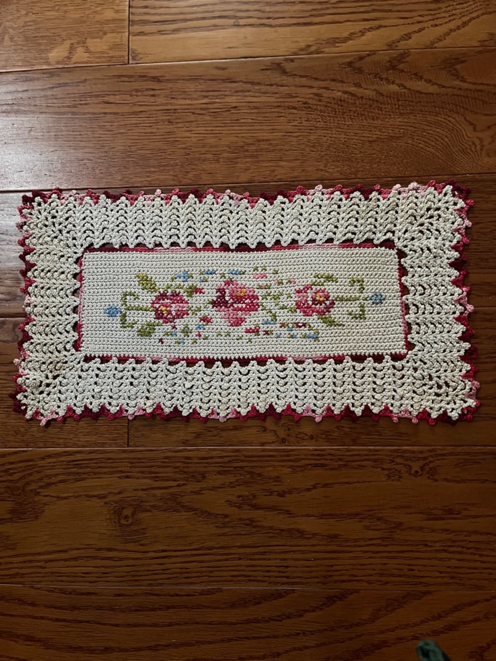 Vintage hand cross stitch on crochet red pink roses green leaves 16 “ x 8” guc